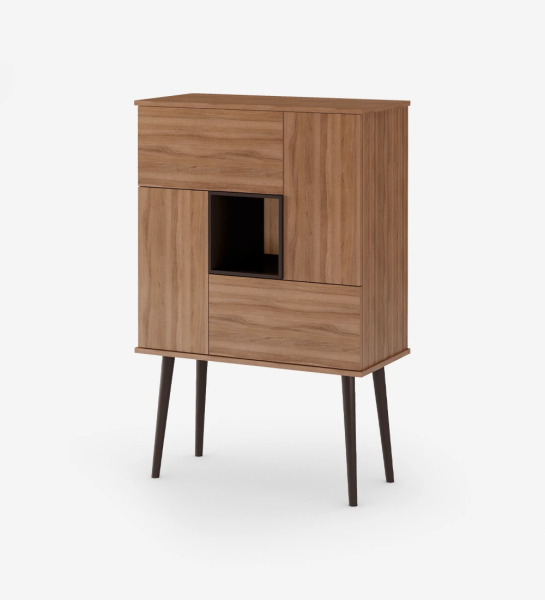Bar cabinet in walnut, dark brown lacquered module and turned legs.