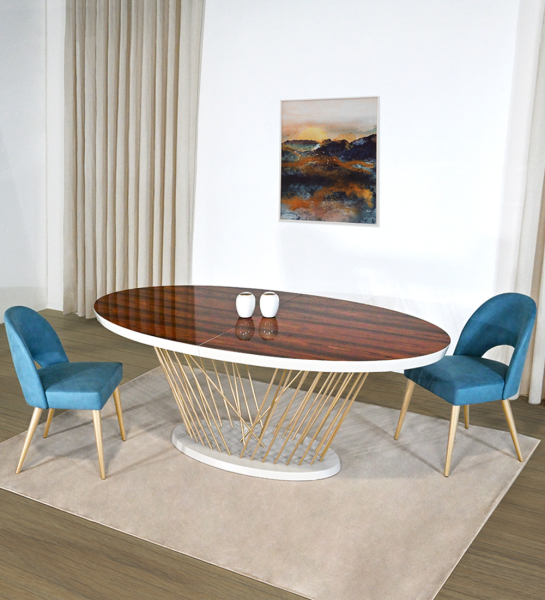 Mesa de jantar extensível oval com tampo em palissandro alto brilho, pés metálicos lacados a dourado e base lacada a pérola