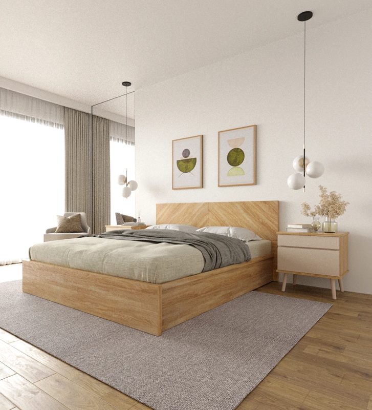Natural oak double bed, with storage through a lifting platform.