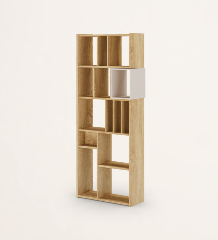 Vertical bookcase in natural color oak with a pearl lacquered module.