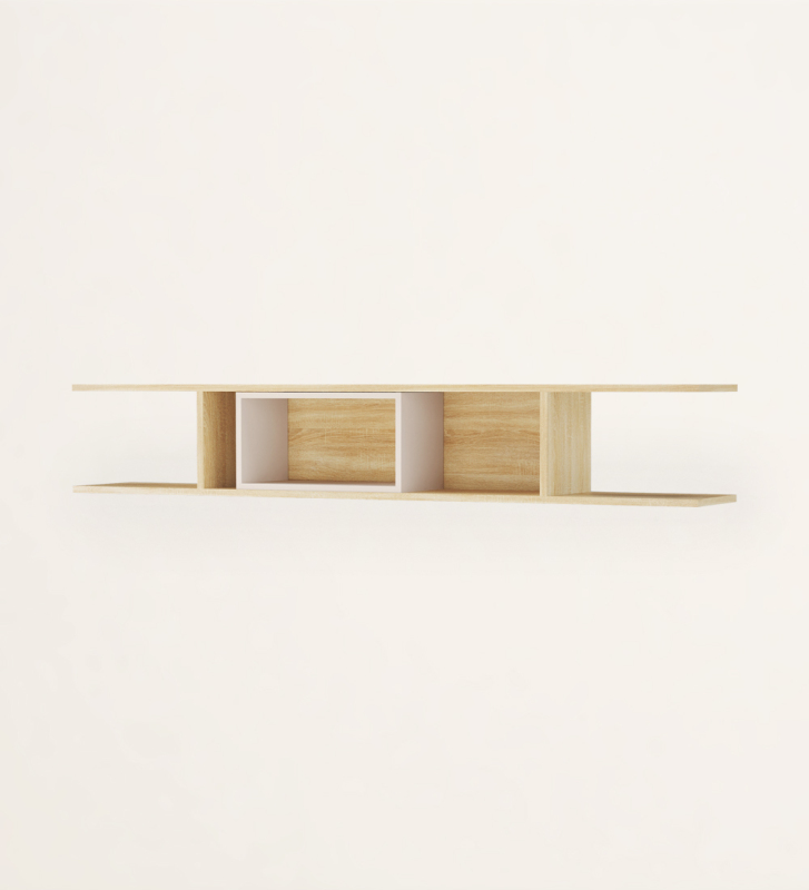 Shelf in natural color oak, with pearl lacquered module.