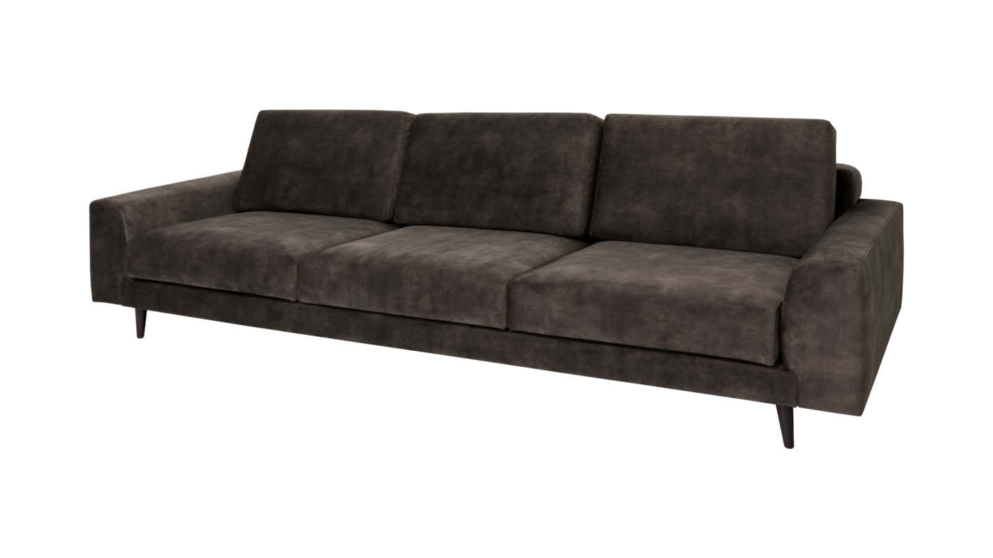 Sofá Oslo 3 Lugares, estofado a tecido Paladio Black, pés lacados castanho escuro Antarte