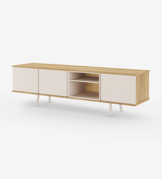 TV stand with 3 doors, module and pearl lacquered legs, natural color oak structure.