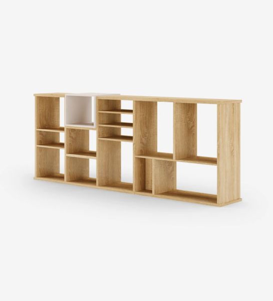Horizontal bookcase in natural color oak with a pearl lacquered module.