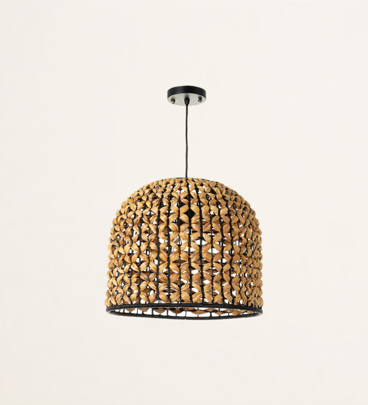 Suspended ceiling lamp in metal and water hyacinth