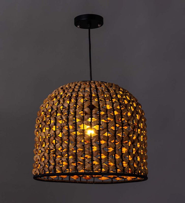 Suspended ceiling lamp in metal and water hyacinth