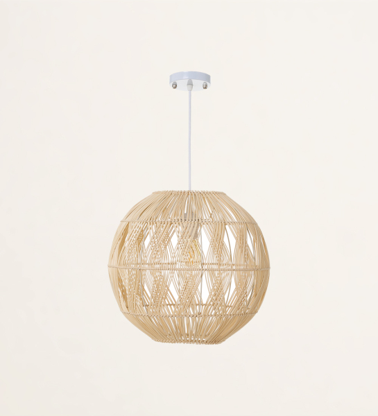 Suspended ceiling lamp in metal and rattan