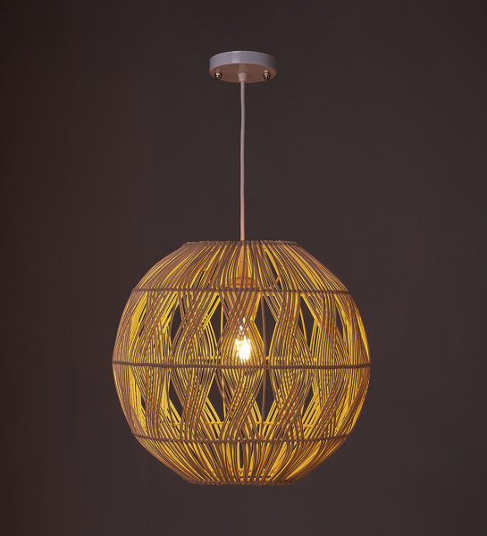 Suspended ceiling lamp in metal and rattan