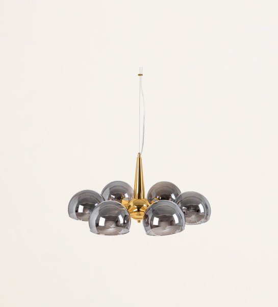 Pendant lamp in gold metal and gray glass