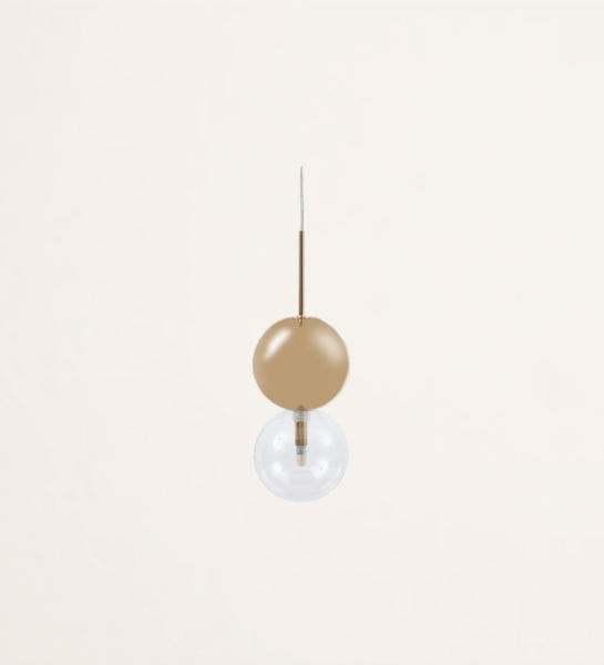 Suspended ceiling lamp in aged gold metal and glass