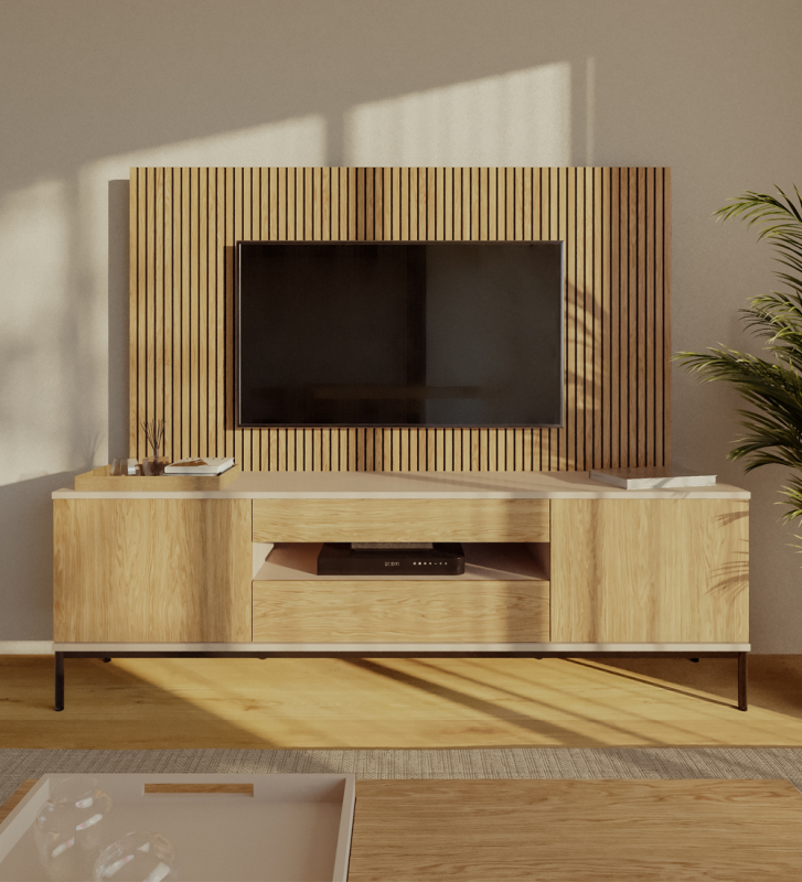 Meuble TV avec deux portes et deux tiroirs en chêne naturel, structure perlée et pieds en métal laqué noir avec niveleurs.
