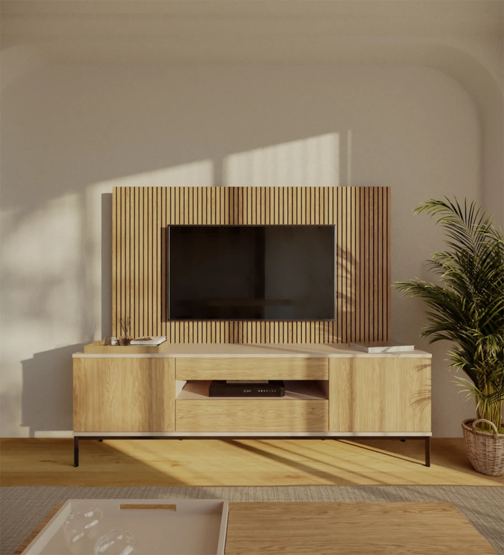 Meuble TV avec deux portes et deux tiroirs en chêne naturel, structure perlée et pieds en métal laqué noir avec niveleurs.