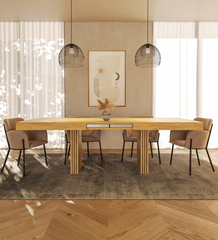 Rectangular extendable dining table in natural oak, legs with friezes.