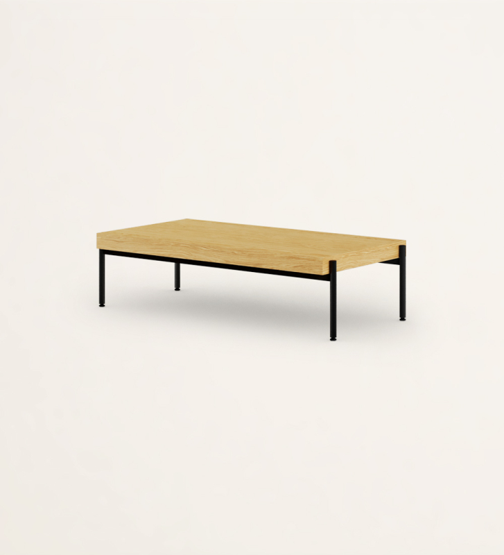Rectangular center table in natural oak, black lacquered metal frame, legs with levelers.