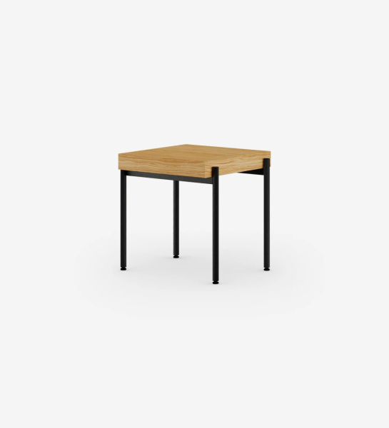 Square side table in natural oak, black lacquered metal structure, legs with levelers.