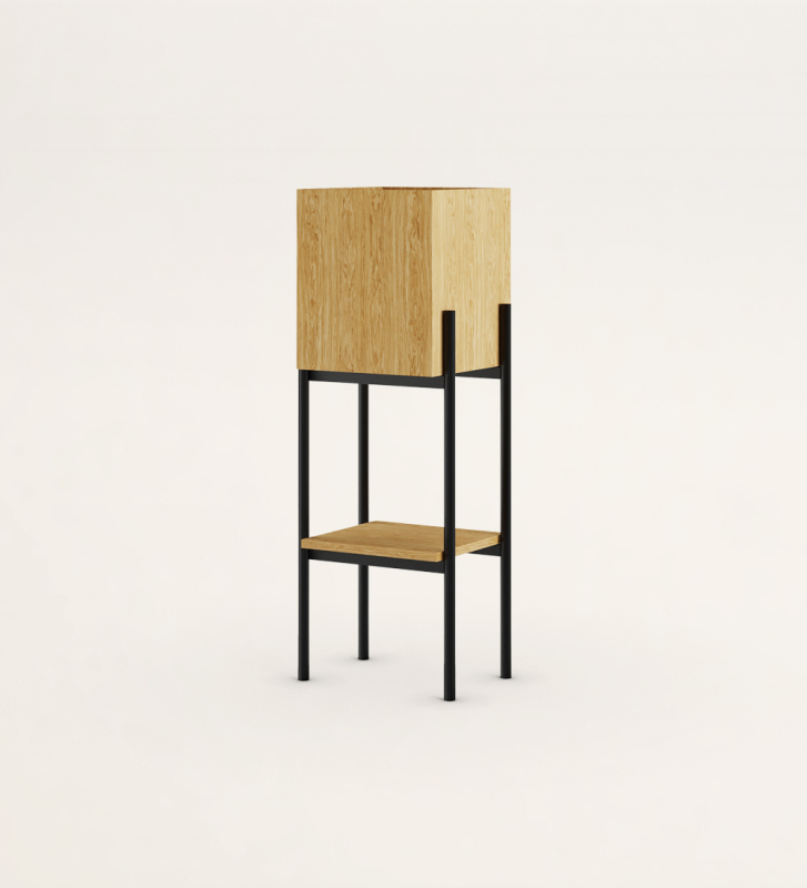 Flower box in natural oak, black lacquered metallic structure, with levelers feet.