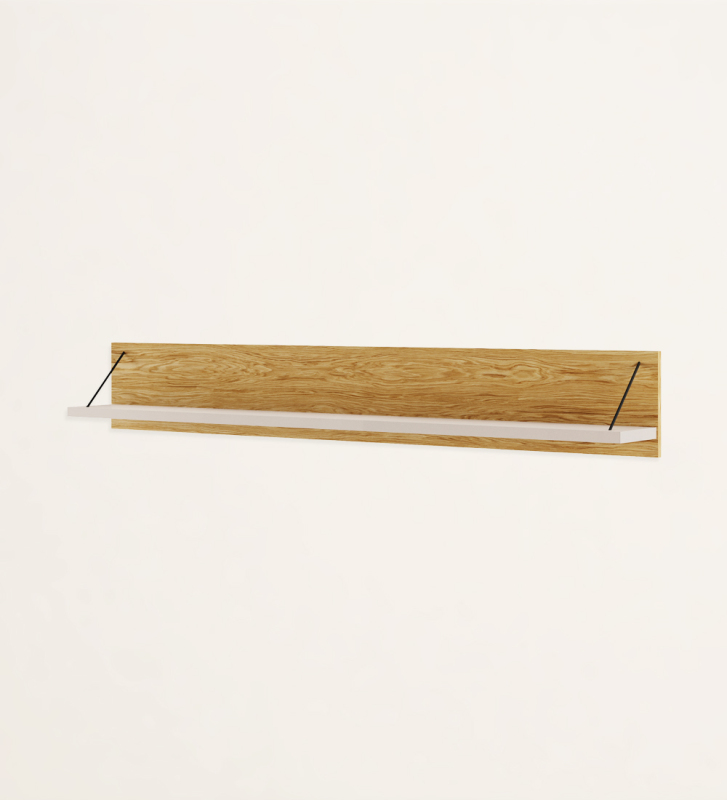 Shelf in pearl, with natural oak structure and black detail.