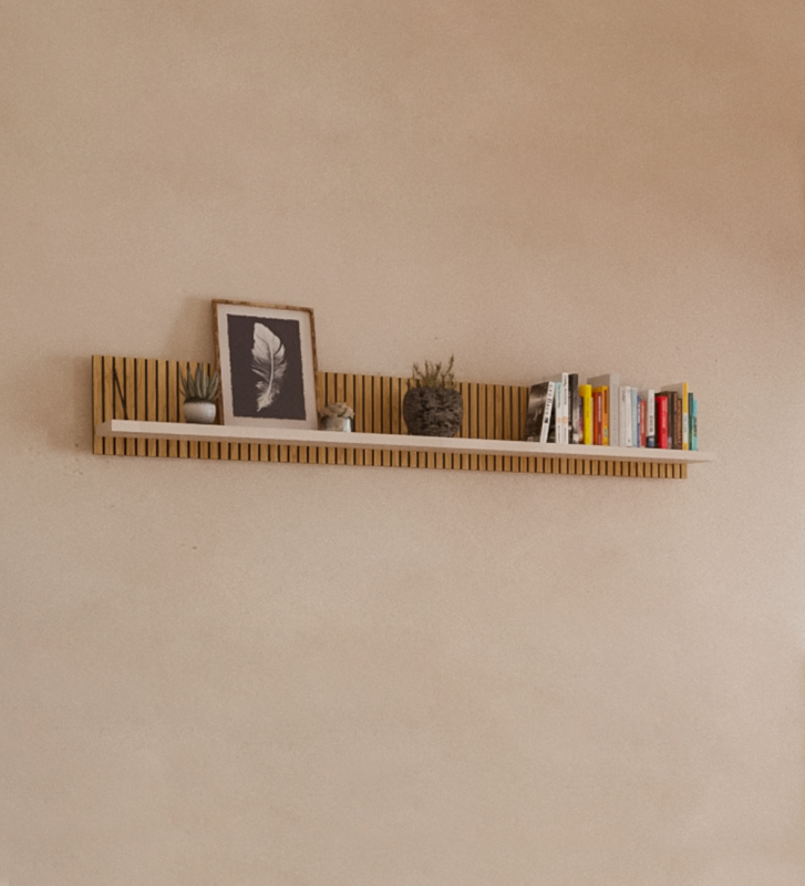 Pearl shelf, with natural oak structure with friezes and black detail.