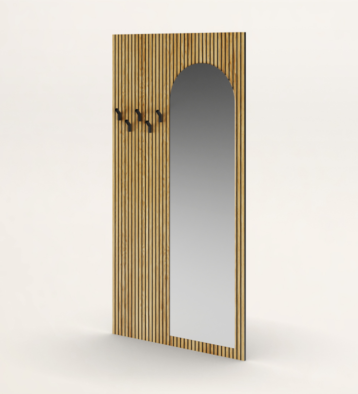 Panel para hall de entrada en roble natural con frisos, con espejo, ganchos negros.