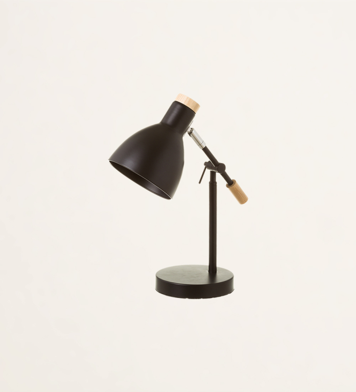 Lámpara de escritorio en metal negro y madera