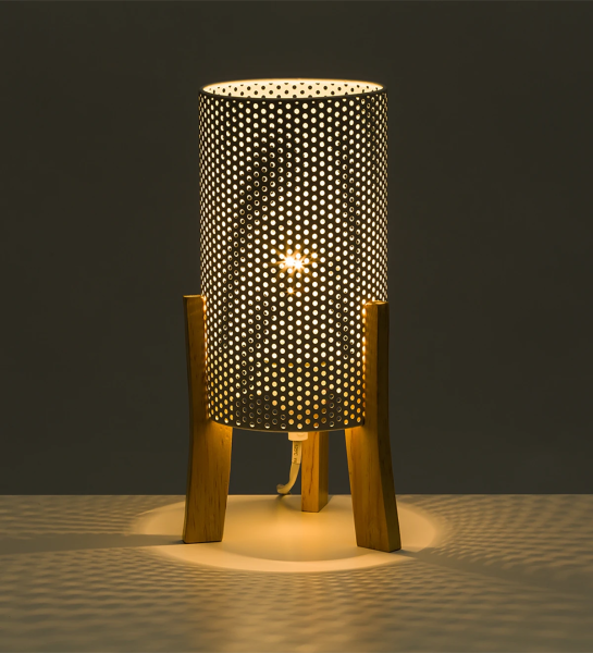 Table lamp in white metal and wooden support.