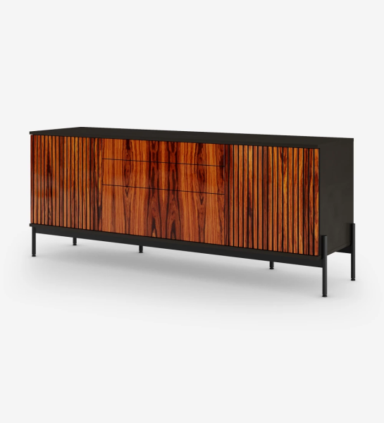 Sideboard with 2 friezes doors, 1 hinged door and two high gloss palissander drawers, black structure and black lacquered metal feet with levelers.