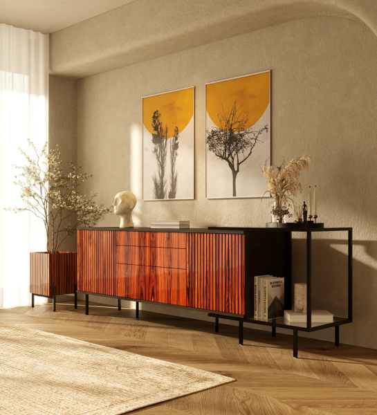 Sideboard with 2 doors with friezes, 1 hinged door and two drawers in high gloss palissander, black lacquered metal structure and black lacquered metal feet with levelers. Side extension with black lacquered metal structure, glass top and shelf.