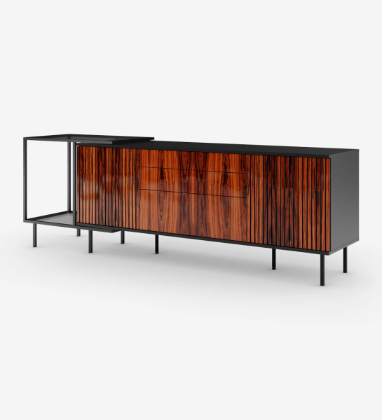 Sideboard with 2 doors with friezes, 1 hinged door and two drawers in high gloss palissander, black lacquered metal structure and black lacquered metal feet with levelers. Side extension with black lacquered metal structure, glass top and shelf.