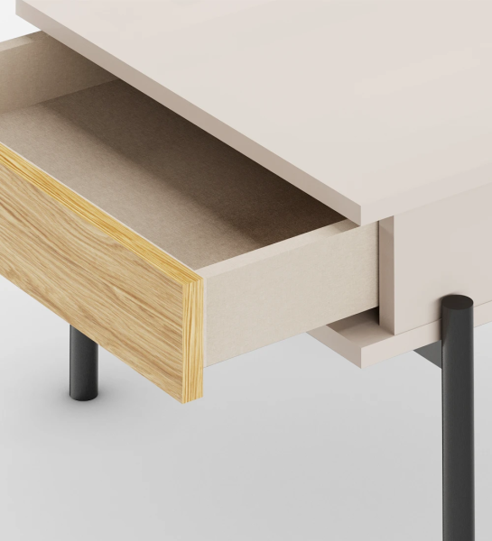Bedside table with drawer in natural oak, pearl structure and black lacquered metal feet with levelers.