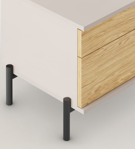 Bedside table with 2 drawers in natural oak, pearl structure and black lacquered metal feet with levelers.