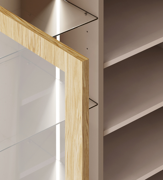 Showcase with lighting 2 doors in natural oak, pearl structure and black lacquered metal feet with levelers. Side extension with black lacquered metal structure, glass shelf.