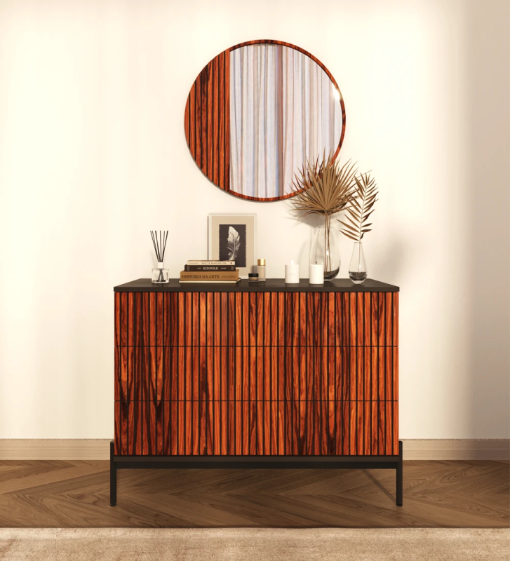 Dresser with 3 high gloss palisander drawers with friezes, black structure and black lacquered metal feet with levelers.
