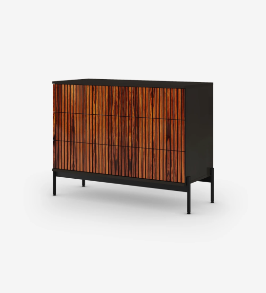Dresser with 3 high gloss palisander drawers with friezes, black structure and black lacquered metal feet with levelers.