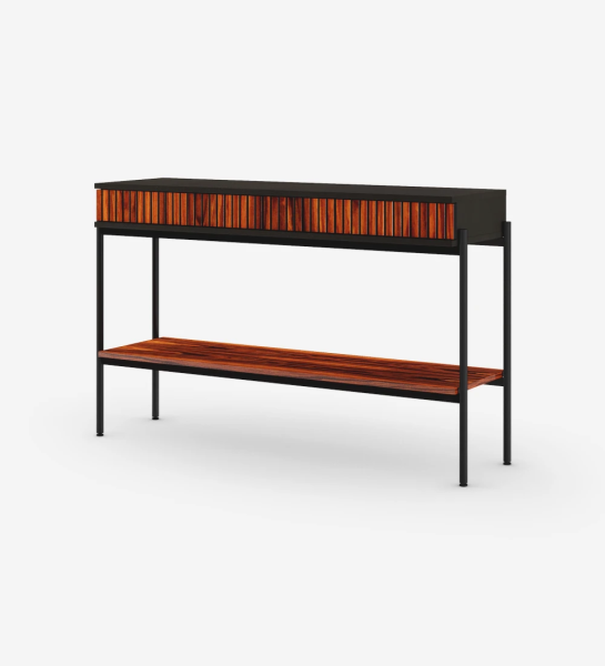 Console with 2 frieze drawers and shelf in high gloss palissander, black structure and black lacquered metal feet with levelers.