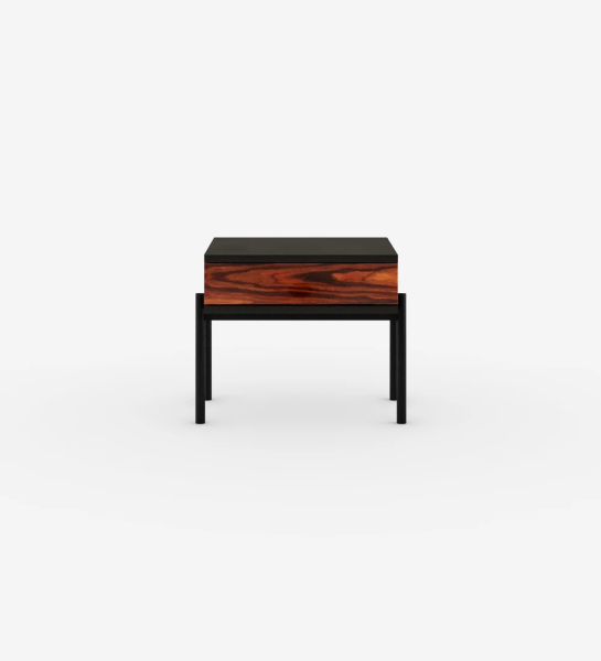 Bedside table with drawer in high gloss palissander, black structure, black lacquered metal feet with levelers.