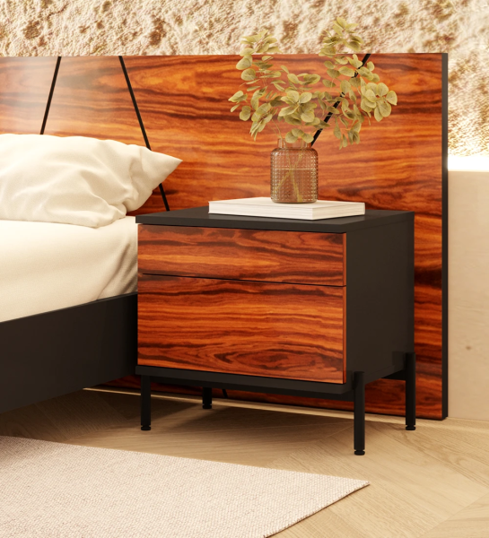 Bedside table with 2 drawers in high gloss palissander, black frame and black lacquered metal feet with levelers.