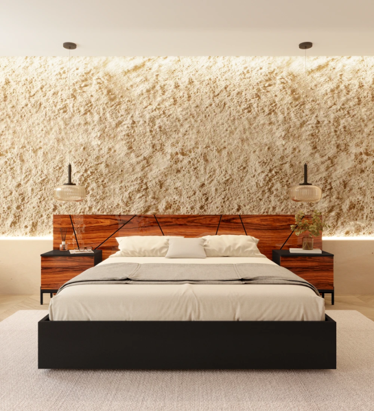 Cama doble con cabecero abstracto de palissandro alto brillo y base negro, con almacenaje a través de una cama elevada.