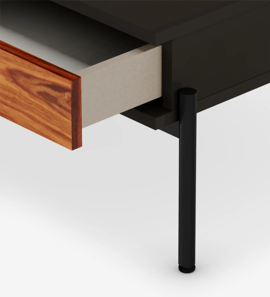 Rectangular center table in black, 2 drawers in high gloss palissander, black lacquered metal structure, legs with levelers.