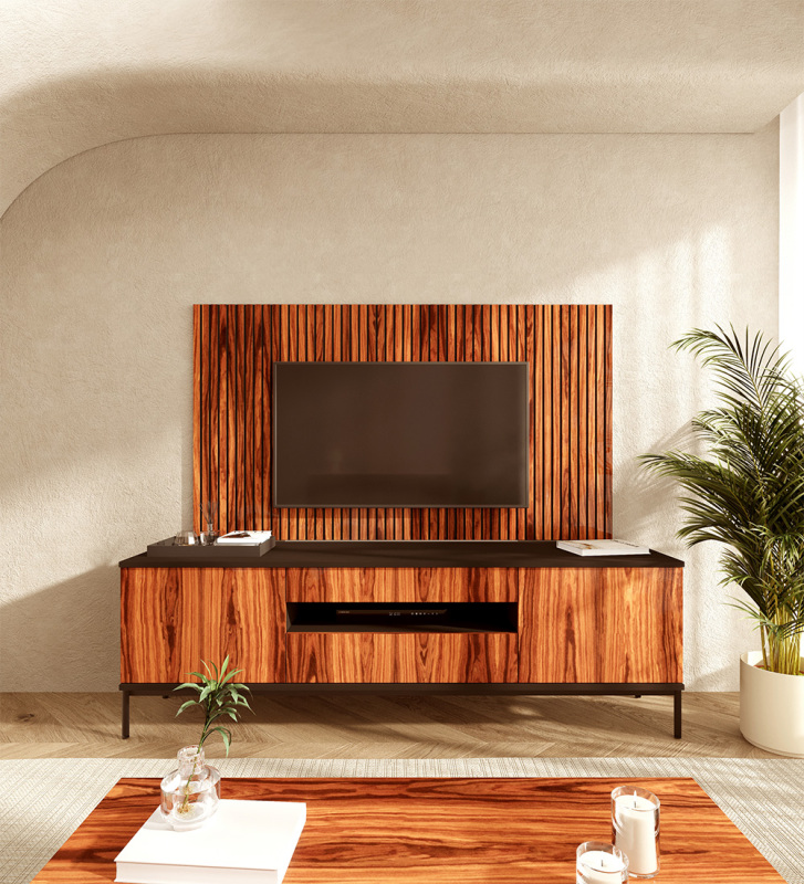 Meuble TV avec deux portes et deux tiroirs en palissandre brillant, structure noire et pieds en métal laqué noir avec niveleurs.