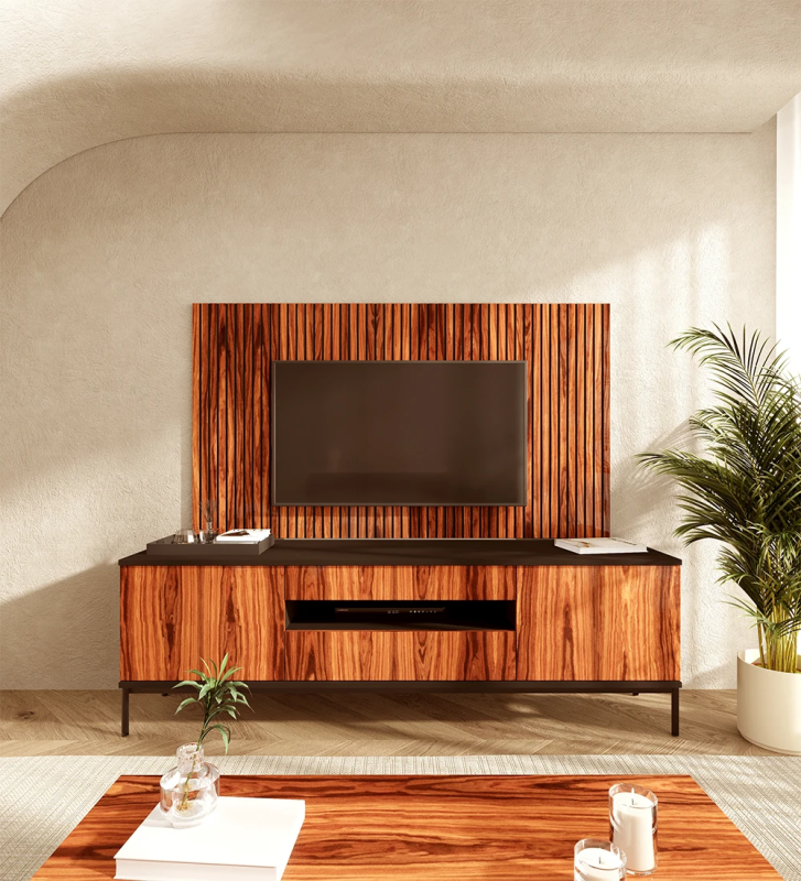 Mueble de TV con dos puertas y dos cajones en palisandro alto brillo, estructura negra y patas metálicas lacadas en negro con niveladores.