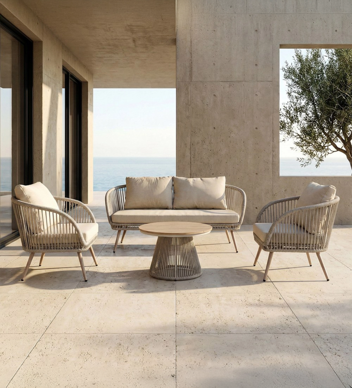 Conjunto de exterior com um sofá de 2 lugares, dois cadeirões e uma mesa de centro.