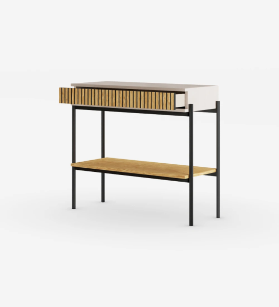 Console with drawer with friezes and shelf in natural oak, pearl structure and black lacquered metal feet with levelers.