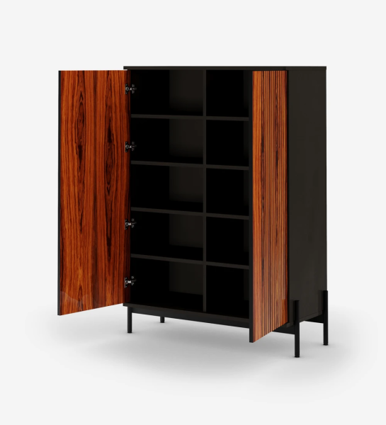 Cupboard with 2 doors with high gloss palissander trim, black structure and black lacquered metal feet with levelers.