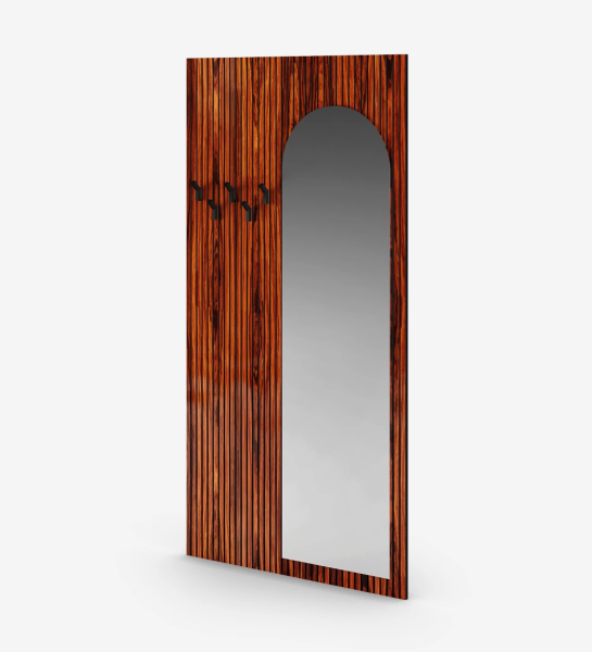Panel para hall de entrada en palisandro alto brillo con frisos, con espejo, ganchos en negro.