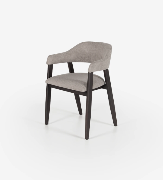 Dark brown ash wood chair with armrests and fabric upholstered seat and back.
