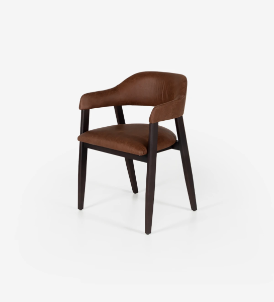 Dark brown ash wood chair with fabric upholstered armrests, seat and back.