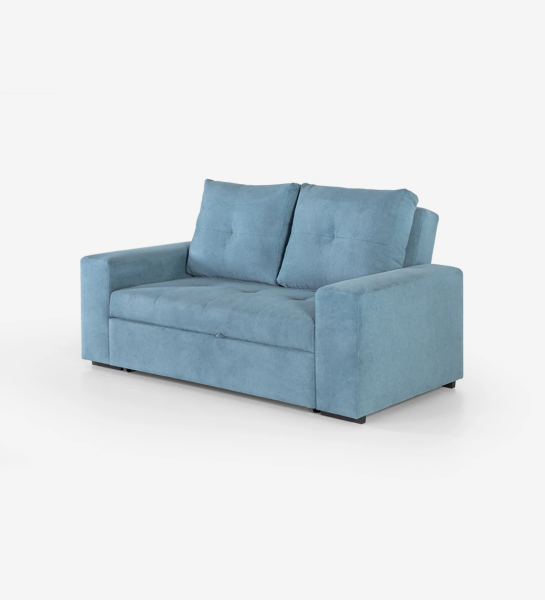 Sofá cama Haiti 2 plazas tapizado en tela azul, cojines respaldo desenfundables, 180 cm.