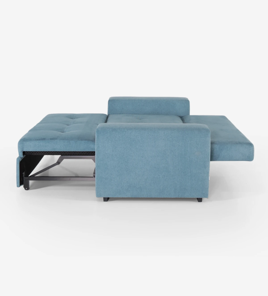 Sofá cama Haiti 2 plazas tapizado en tela azul, cojines respaldo desenfundables, 180 cm.