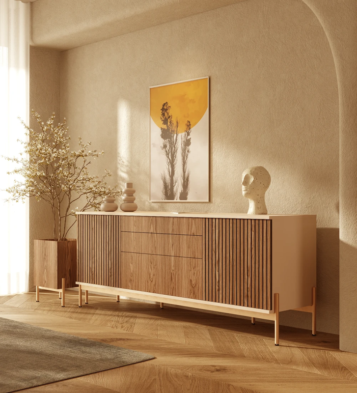 Sideboard with 2 friezes doors, 1 hinged door and two walnut drawers, pearl structure and gold lacquered metal feet with levelers.