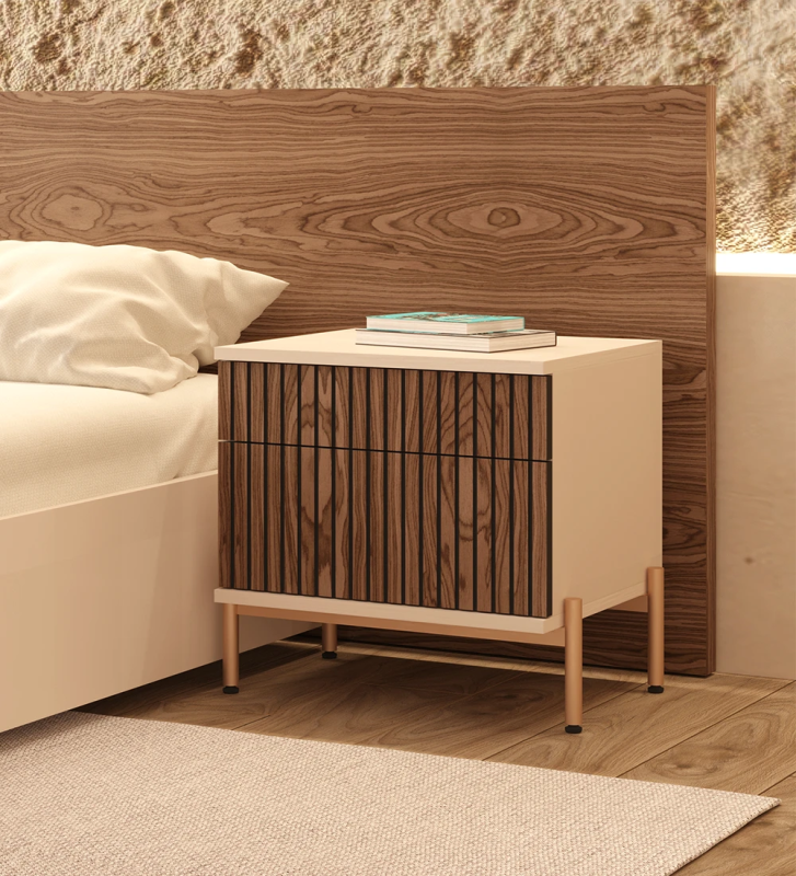 Bedside table with 2 drawers with walnut trim, pearl structure and gold lacquered metal legs with levelers.